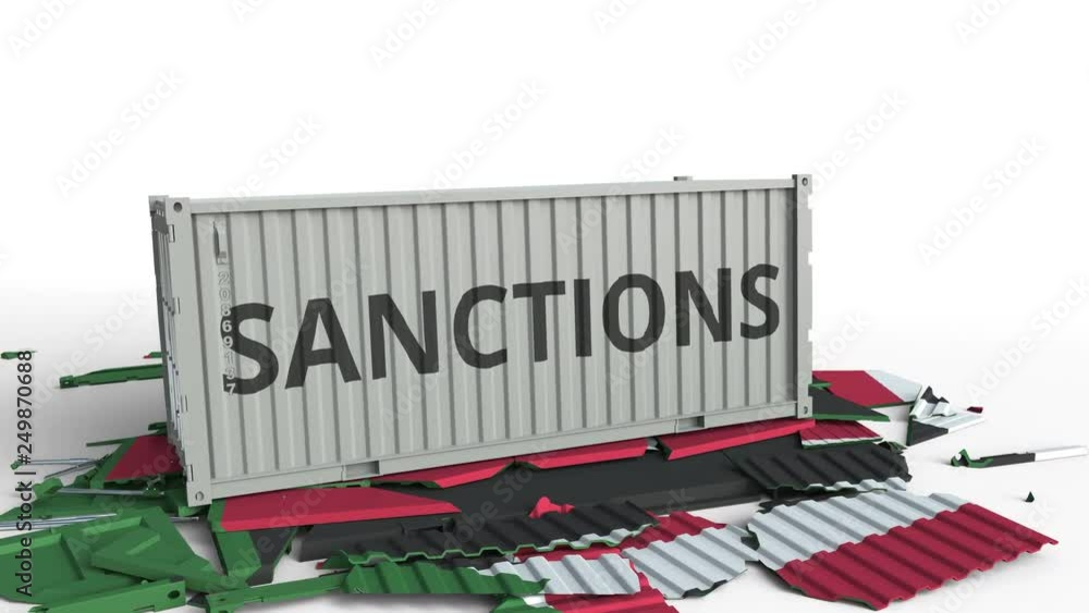 Poster container with sanctions text breaks cargo container with flag of sudan. embargo or political export