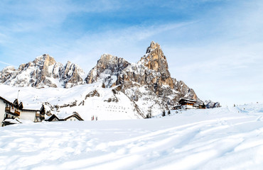 The Dolomites of Trentino winter,Italy,17 February 2019,Passo Rolle in the Dolomites of Trentino, province of Trento,winter landscape,Passo Rolle in the Dolomites of Trentino mountain ski resort