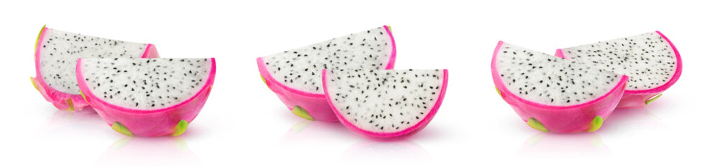 Isolated dragonfruits. Three images of white-fleshed pitahaya fruit wedges isolated on white background with clipping path