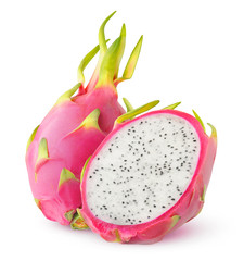 Isolated dragonfruit. Cut white fleshed pitaya fruit isolated on white background with clipping path