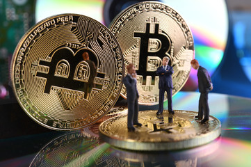 Golden Bitcoins. New virtual money. Studio shot