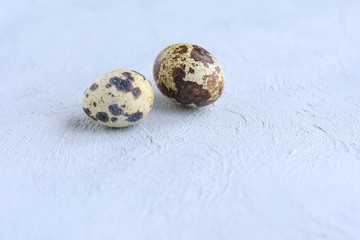 Two easter quail eggs with selective focus on gray cement textured surface with empty space. Little organic egg wit pattern eggshell. Nature protein ingredients for healthy delicious breakfast.