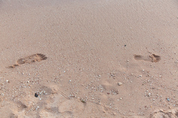 Fototapeta na wymiar Footprints on sand on the beach, side view.