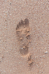 Footprint on sand on the beach, top view.