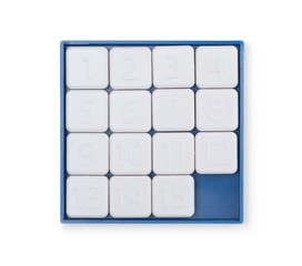 Pocket sliding fifteen puzzle game isolated on white