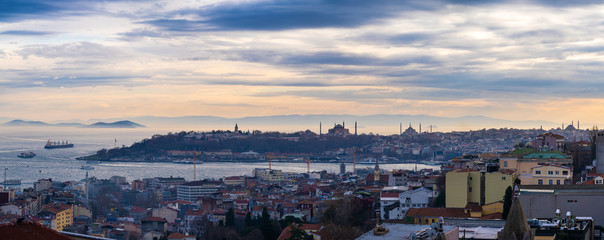 Aerial panoramic view on central and historical part of Istanbul, the gulf Golden Horn, estuary of Bosphorus.