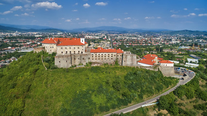 Aerial view on the ancient castle of Palanok and the foothills of Carpathians Mountains, in Mukachevo.