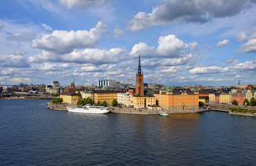 Fototapeta na wymiar Scenic summer aerial panorama of the Old Town (Gamla Stan) pier architecture in Stockholm, Sweden