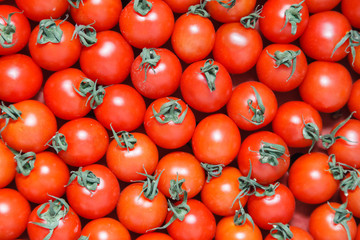 Closeup plenty red fresh ripe cherry tomatoes together with stems are awaiting distribution in box on farmers market. Concept of selling vegetables in supermarket, grocery store