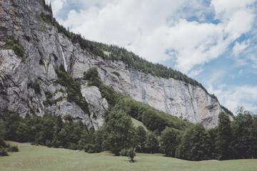 View valley of waterfalls in national park of city Lauterbrunnen, Switzerland