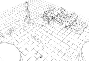 oil refinery, chemical production, waste processing plant, contour visualization, 3D illustration, sketch, outline