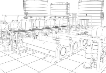 Fototapeta premium oil refinery, chemical production, waste processing plant, contour visualization, 3D illustration, sketch, outline