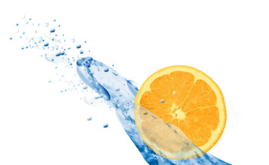 Fresh orange with water splash isolated on white background. Label design template. 3D Vector