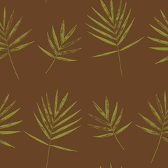 Tropical leaves seamless pattern. Vector palm  branch on dark background.