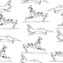 Hand sketched Seamless pattern with war ships or border ships and fighter planes. Military background in sketch style. Template for February 23- the Day of Defender of the Fatherland, cover, poster.