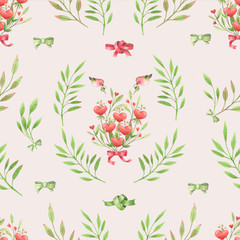 Spring birds, hearts, flowers and twigs. Watercolor flower seamless pattern on black background
