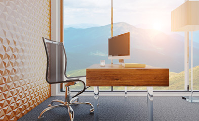 The office of the head in the business center on the background of mountains. Interior in wooden style 3D rendering. Sunset. mockup