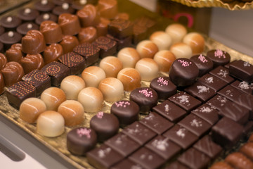 Assortment of handmade chocolate candies from black, milk and white chocolate with nuts and marzipan in San Miguel Market Madrid