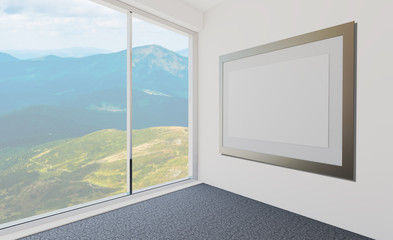 Cabinet in an empty office on the background of the summer mountains. Business background. 3D rendering. Blank paintings. mockup