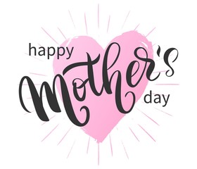 Happy Mother's day. Hand written ink lettering on pink heart and rays. Greeting calligraphy isolated on white background. Vector template, festivity lettering typography poster, invitation, label.