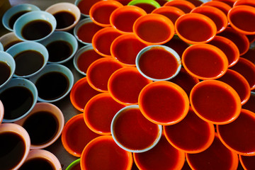 Spice and chilli sauce on bowls at restaurant