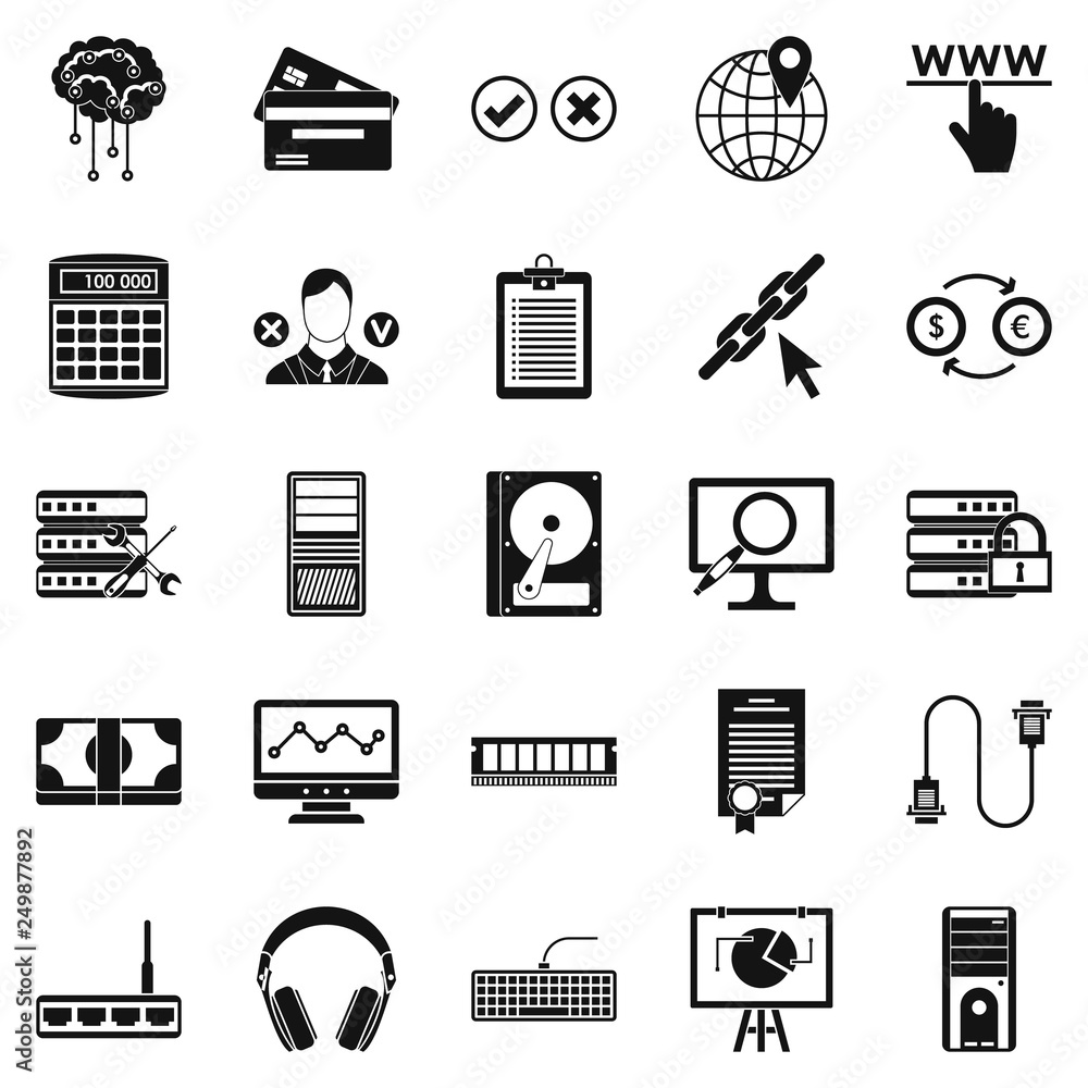 Poster computer server icons set. simple set of 25 computer server vector icons for web isolated on white b