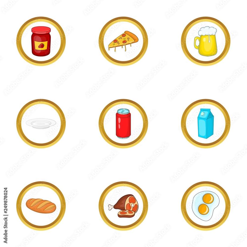 Poster different food icons set. cartoon set of 9 different food vector icons for web isolated on white bac