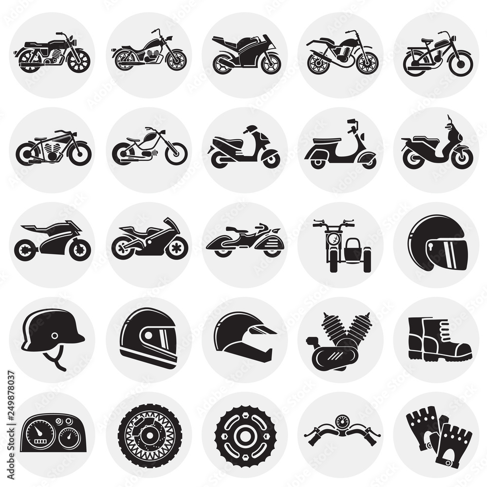 Poster motorcycle icons set on circles background for graphic and web design, modern simple vector sign. in