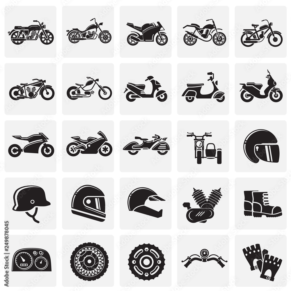Poster motorcycle icons set on squares background for graphic and web design, modern simple vector sign. in