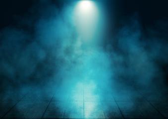 Background of empty stage, pavement tiles, night, spotlight, neon light, smoke