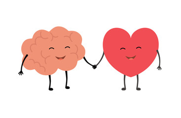 Brain and heart handshake. Vector concept illustration of teamwork between mind and feelings