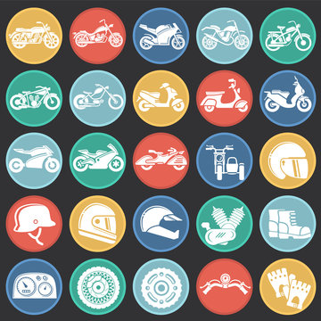 Motorcycle icons set on color circles black background for graphic and web design, Modern simple vector sign. Internet concept. Trendy symbol for website design web button or mobile app