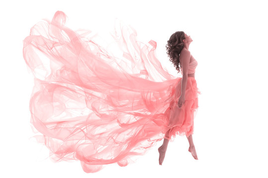 Woman in Fashion Pink Dress, Ballet Dancer Girl in Jump Flying in Dance over White Background