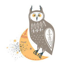 Vector childish illustration. Hand-drawn owl sitting on the moon