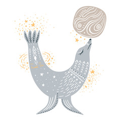 Vector childish hand-drawn illustration. Fur seal playing with the planet in space