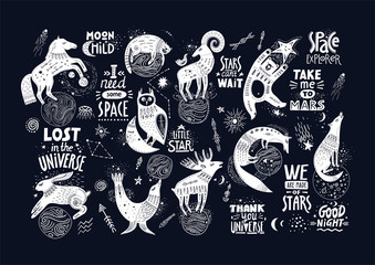 Vector hand-drawn illustration with lettering. Various magic animals and cosmic quotes on a black background