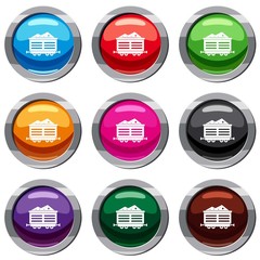 Train waggon with coal set icon isolated on white. 9 icon collection vector illustration