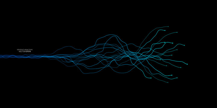 Vector wave lines flowing dynamic in blue green colors isolated on black background for concept of AI technology, music, sound