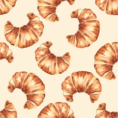 French croissant. Hand painting watercolor seamless pattern
