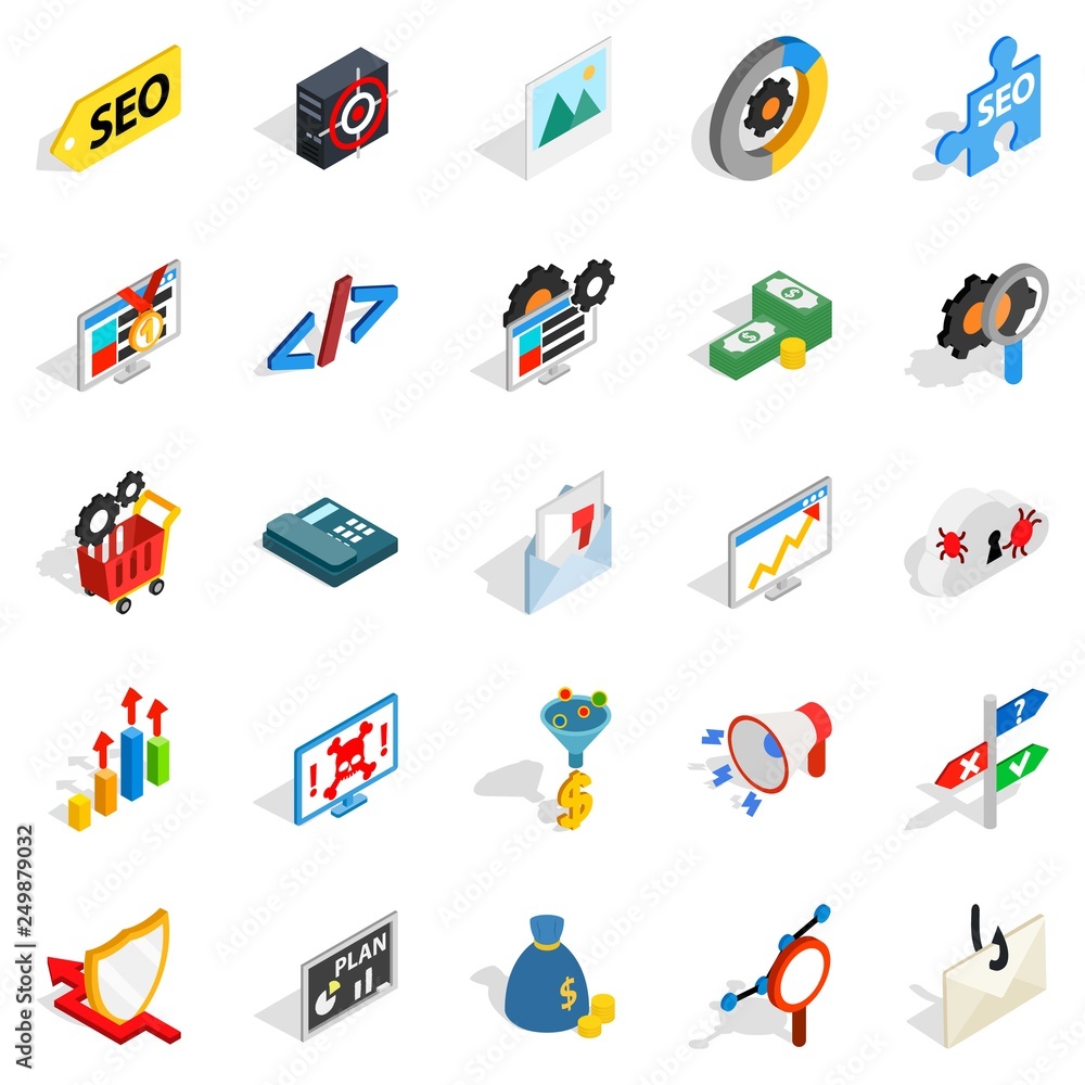 Poster seo development icons set. isometric set of 25 seo development vector icons for web isolated on whit
