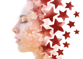 Paintography. Double exposure of a young model combined with hand drawn painting of repeating red stars - Powered by Adobe