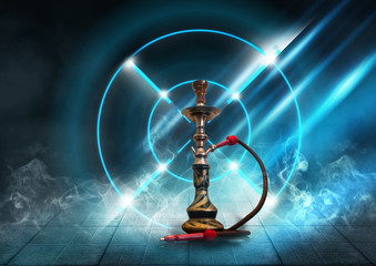 Background smoking hookah on a concrete pavement, paving slabs. Neon light, spotlight, smoke