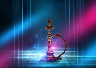 Background smoking hookah on a concrete pavement, paving slabs. Neon light, spotlight, smoke