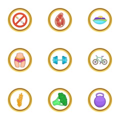 Healthy lifestyle icons set. Cartoon set of 9 healthy lifestyle vector icons for web isolated on white background