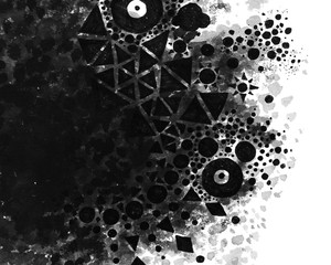 Graphic design element with geometric shapes and ink splatter, hand drawn on isolated white background
