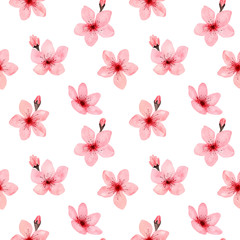 Seamless Pattern of hand drawn watercolor cherry blossom, delicate flowers. Japanese Sakura. Design for wedding invitation, fabric, packaging, textile, cover, postcard, paper, greeting cards, blog.
