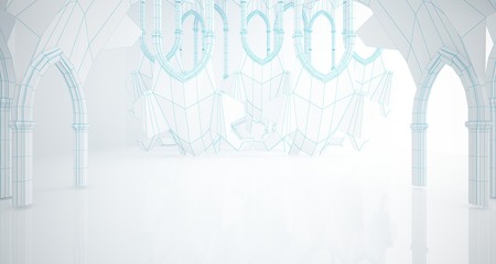Abstract drawing white gothic interior multilevel public space with window. 3D illustration and rendering.