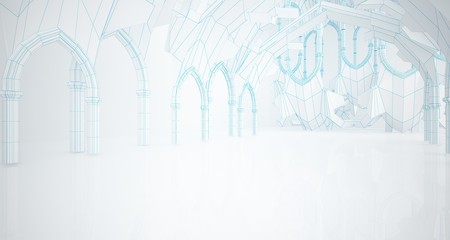 Abstract drawing white gothic interior multilevel public space with window. 3D illustration and rendering.