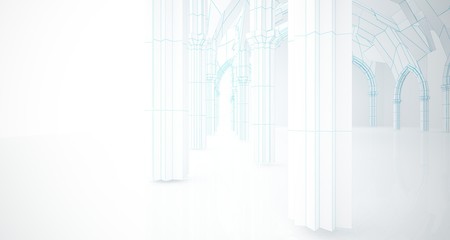 Abstract drawing white gothic interior multilevel public space with window. 3D illustration and rendering.