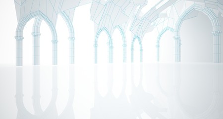 Abstract drawing white gothic interior multilevel public space with window. 3D illustration and rendering.